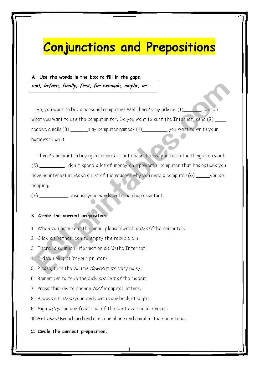 Conjuctons and prepositions worksheet