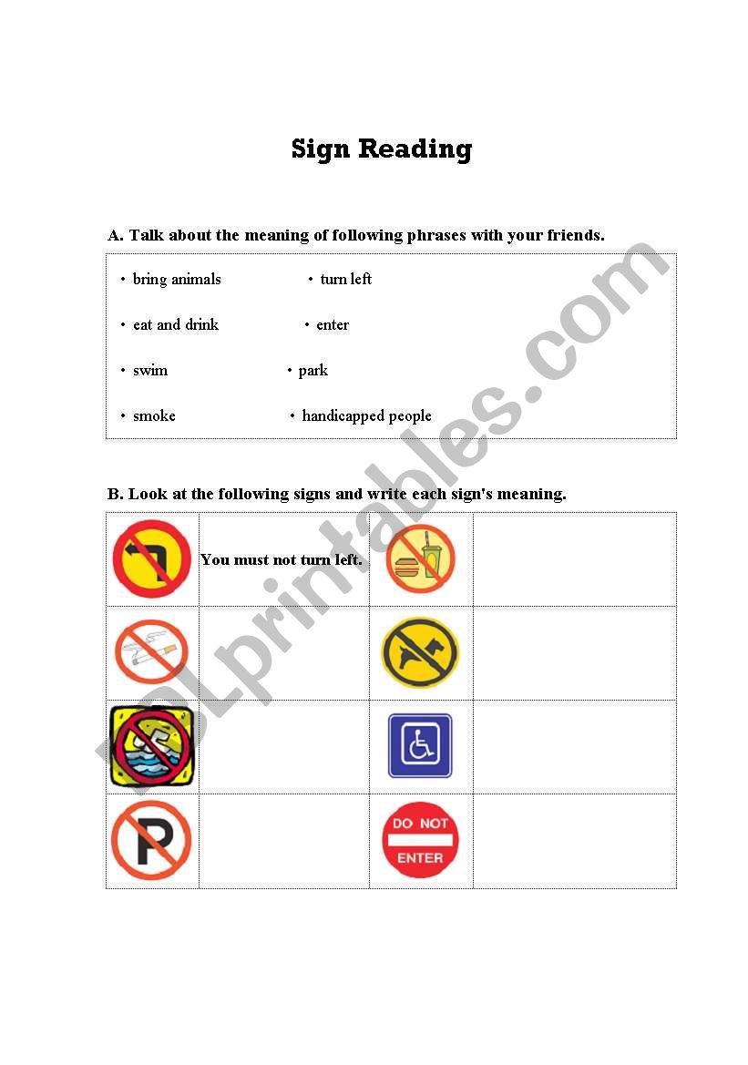 sign reading worksheet