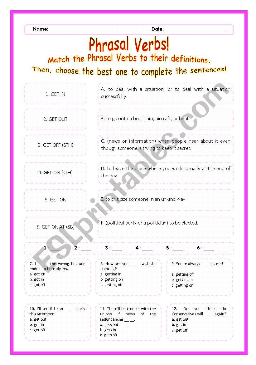 > Phrasal Verbs Practice 47! > --*-- Definitions + Exercise --*-- BW Included --*-- Fully Editable With Key!