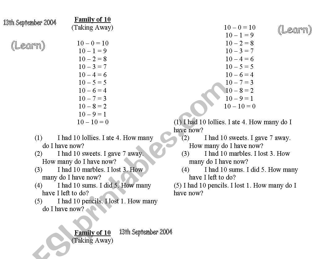 Number Bonds to 10 worksheet