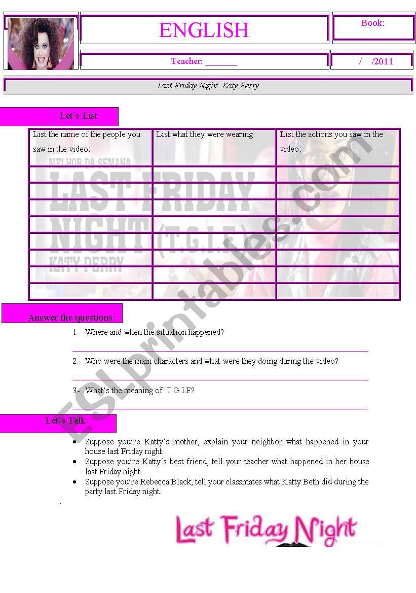 Last Friday Night worksheet