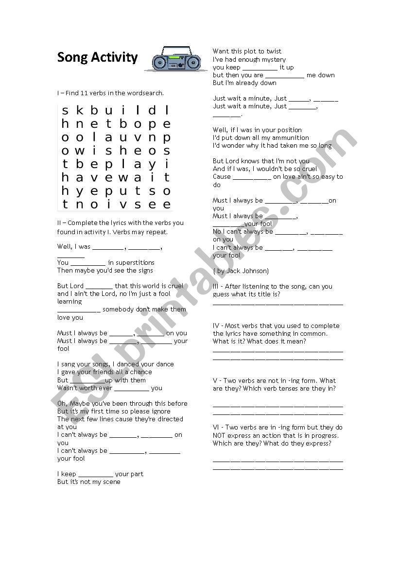 Sitting Waiting Wishing - Jack Johnson Song Activity