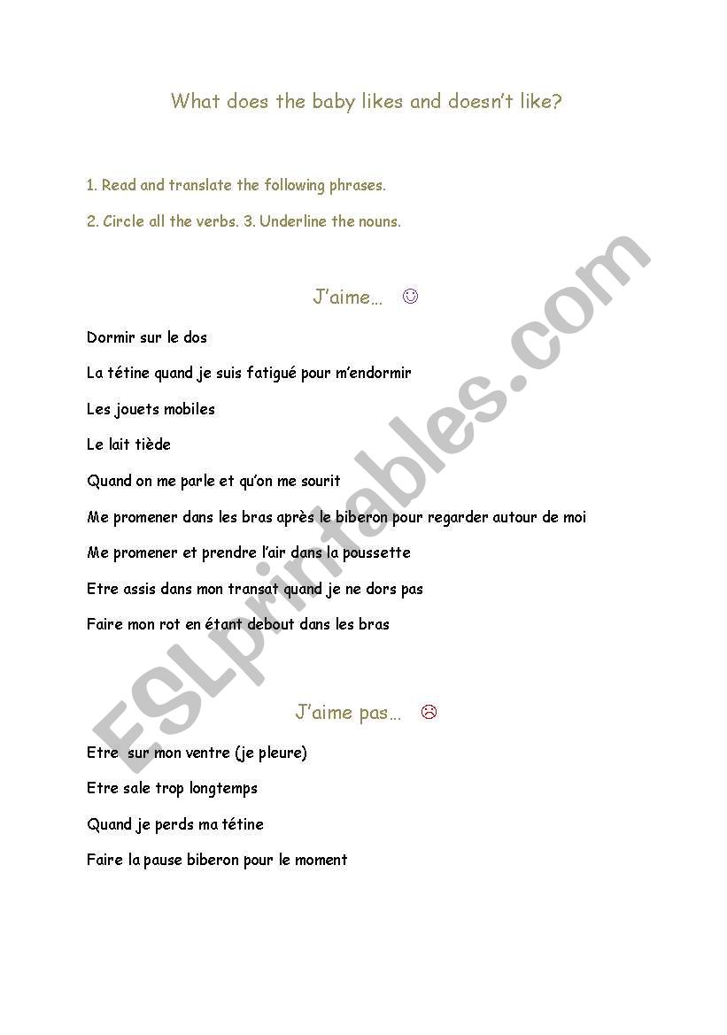 What does the baby like? worksheet