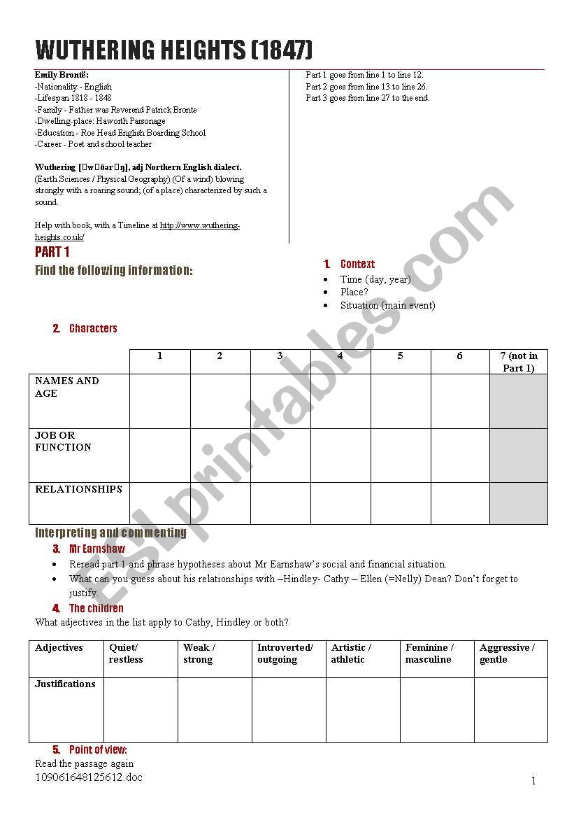 Wuthering Heights Activity sheet