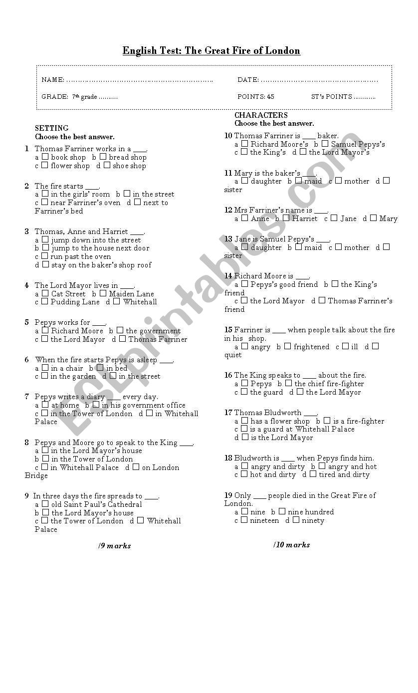 THE GREAT FIRE OF LONDON TEST worksheet