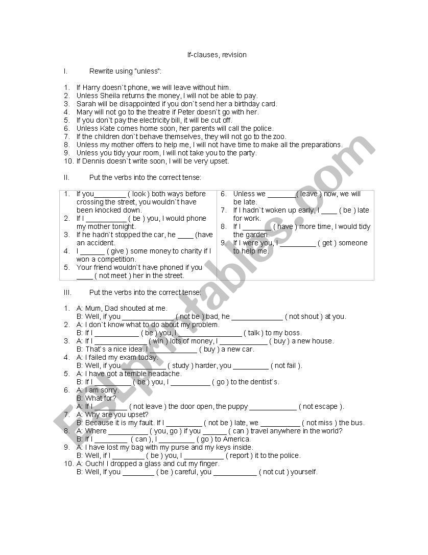 Conditionals, revision worksheet