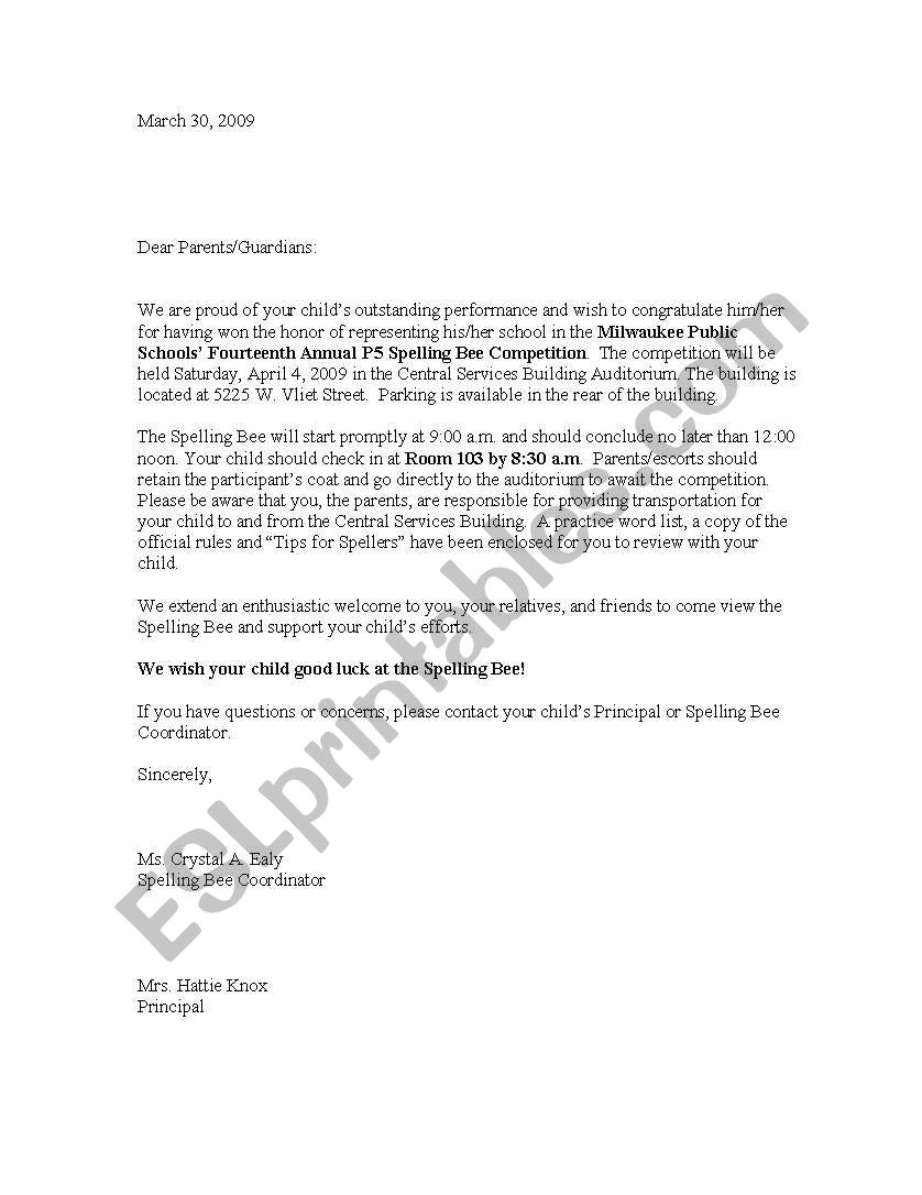 letter  to parents worksheet