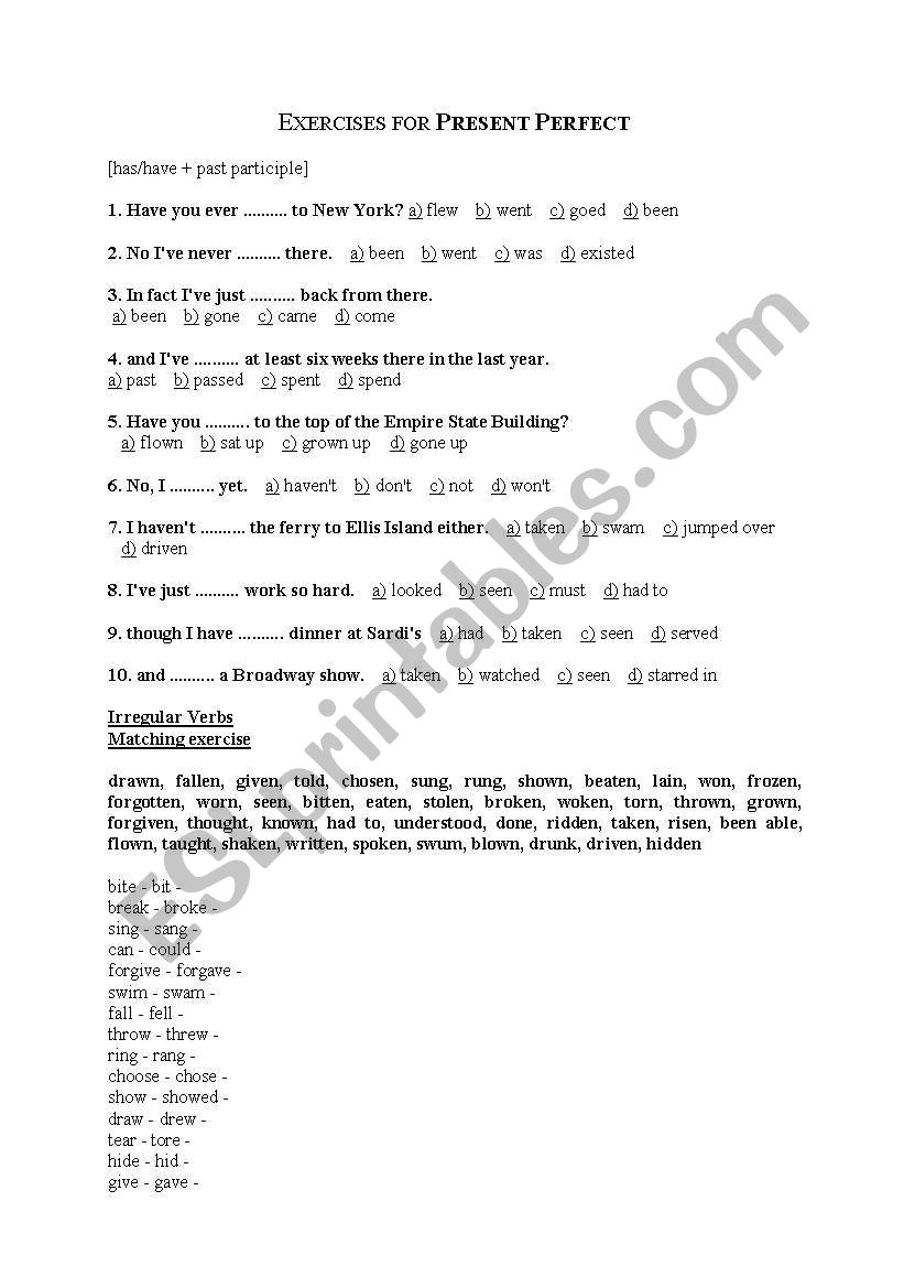 exercises for present perfect worksheet