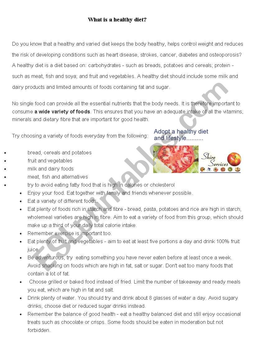 What is a healthy diet? worksheet