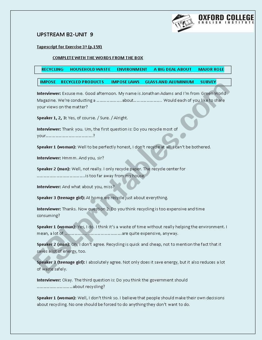 UPSTREAM B2-UNIT  9-Tapescript for Exercise 3 (p.159)