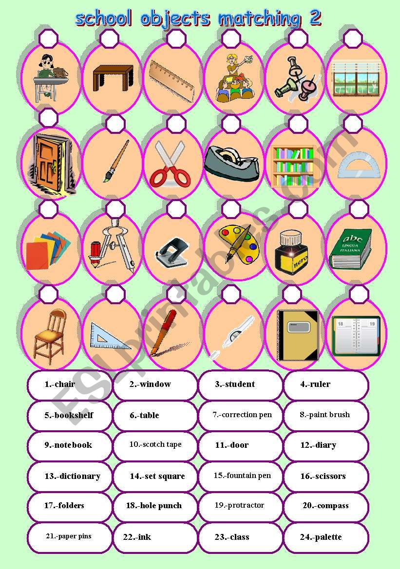 school objects matching 2/2 worksheet