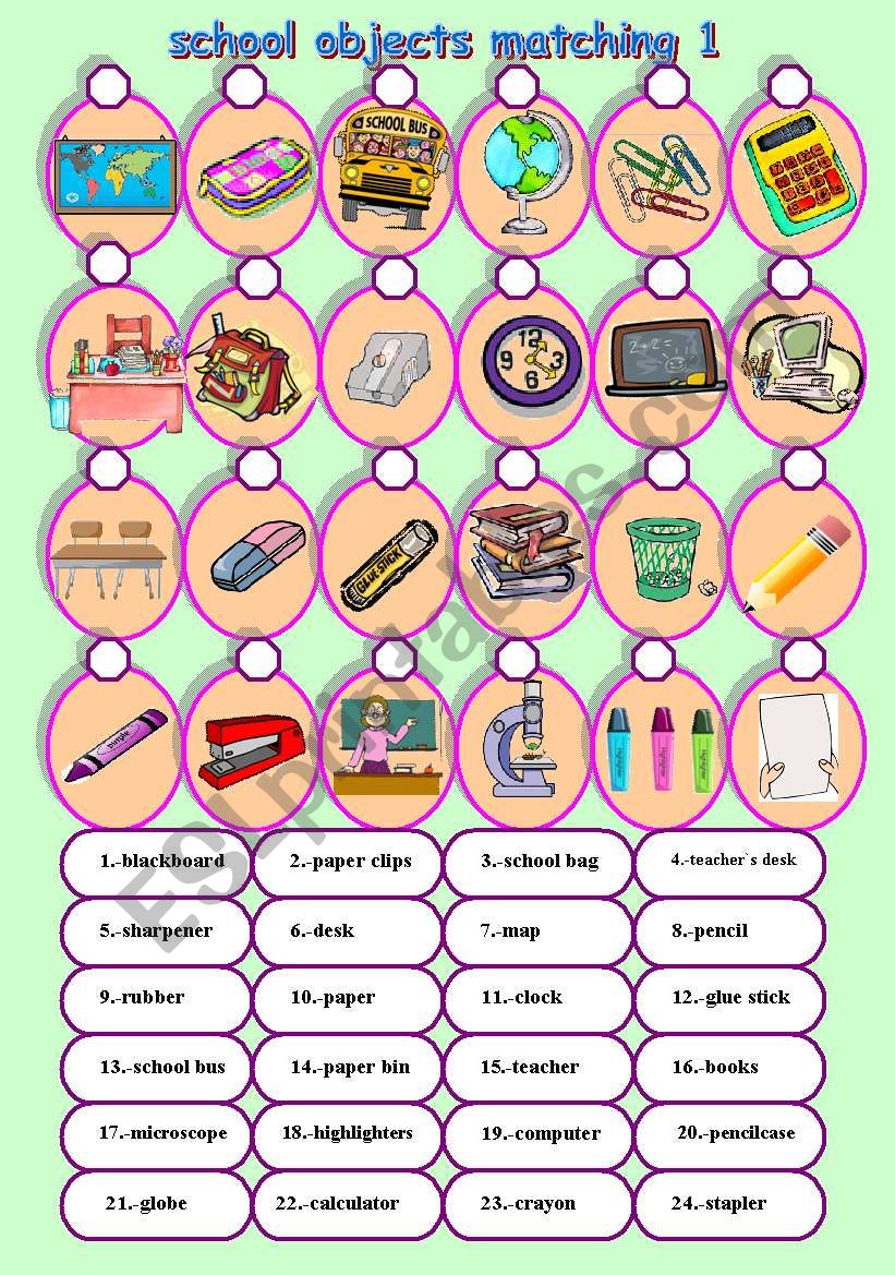 school objects matching 1/2 worksheet