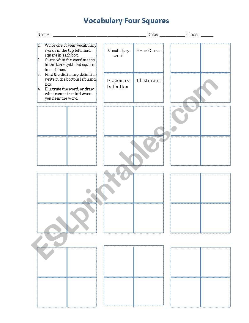 Vocabulary 4-Square - Way of bring vocab from context to memory