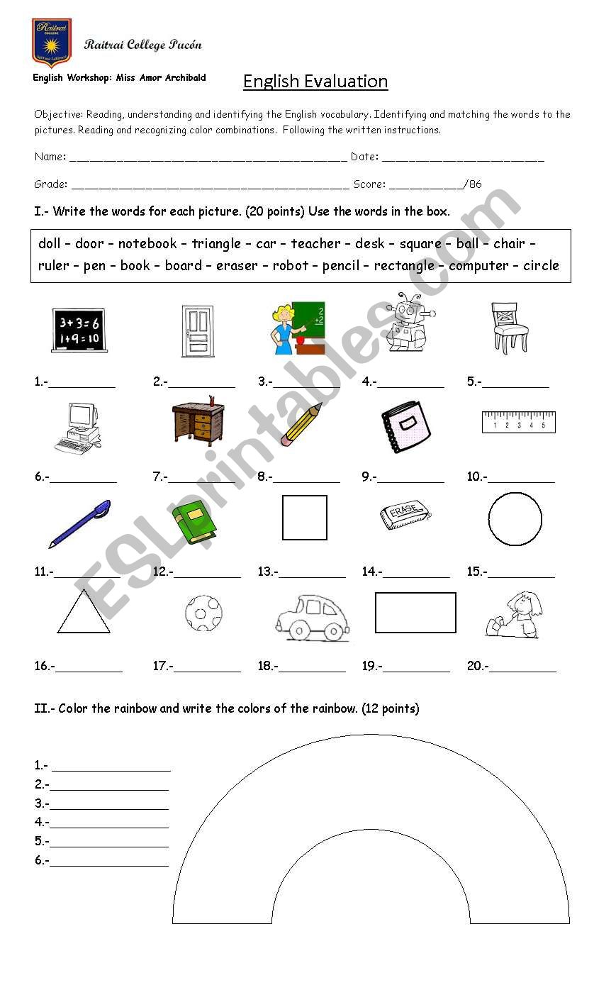 3rd Grade English Evaluation  worksheet