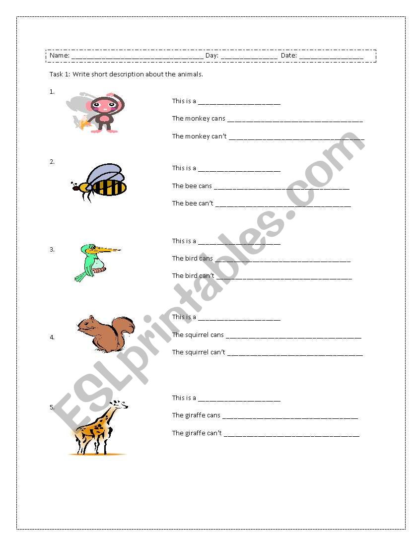 Worksheet for animals. Animals and Tree.