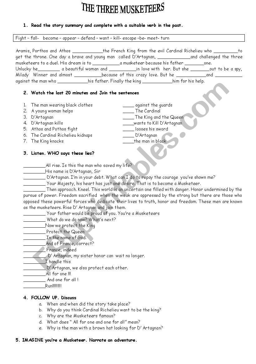 The three musketeers worksheet