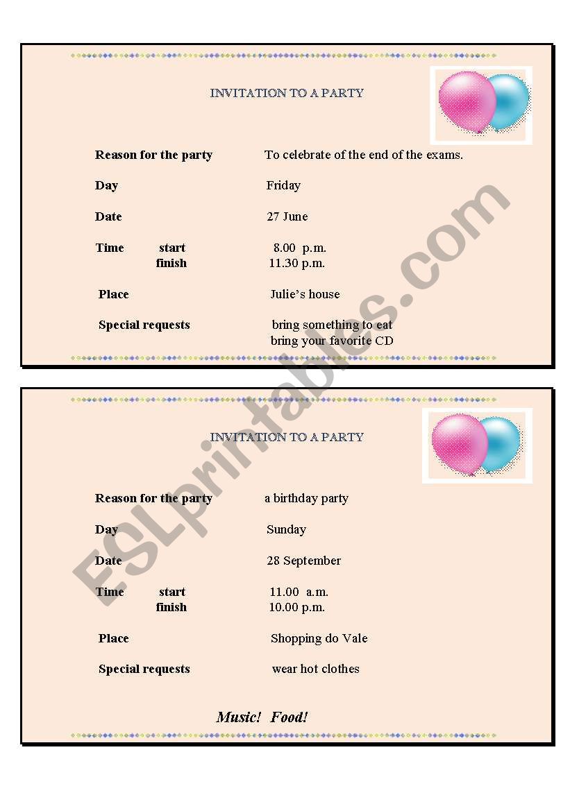 Invitation worksheet