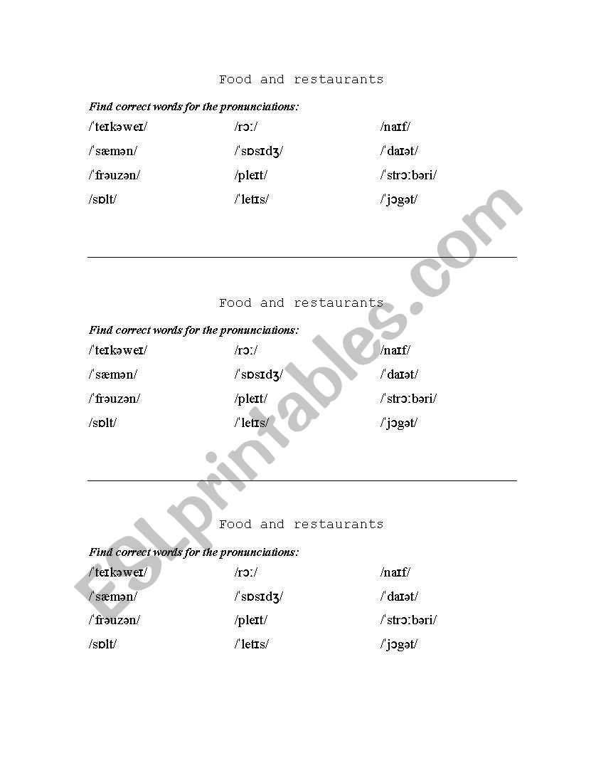 Food and restaurants worksheet