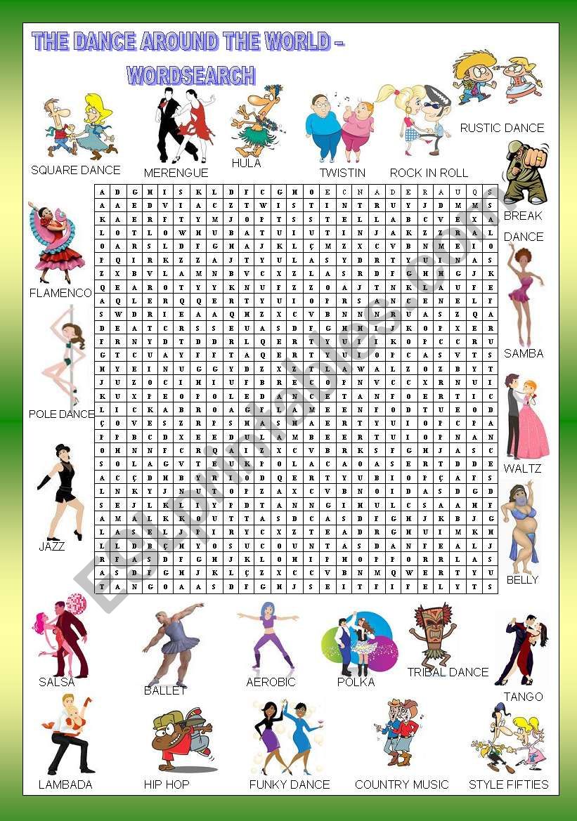 HUMOR - THE DANCE AROUND THE WORLD - WORDSEARCH - FOR BEGINNERS  - KEY