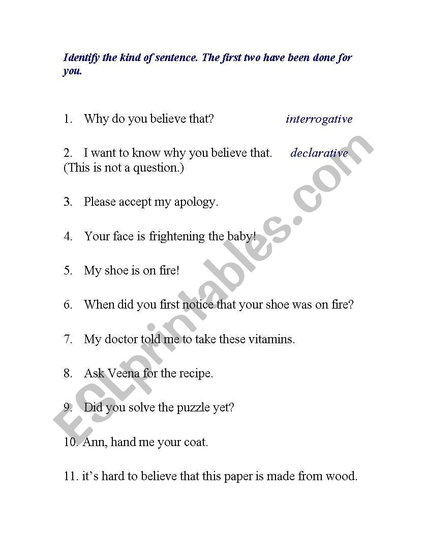 kinds of sentences worksheet