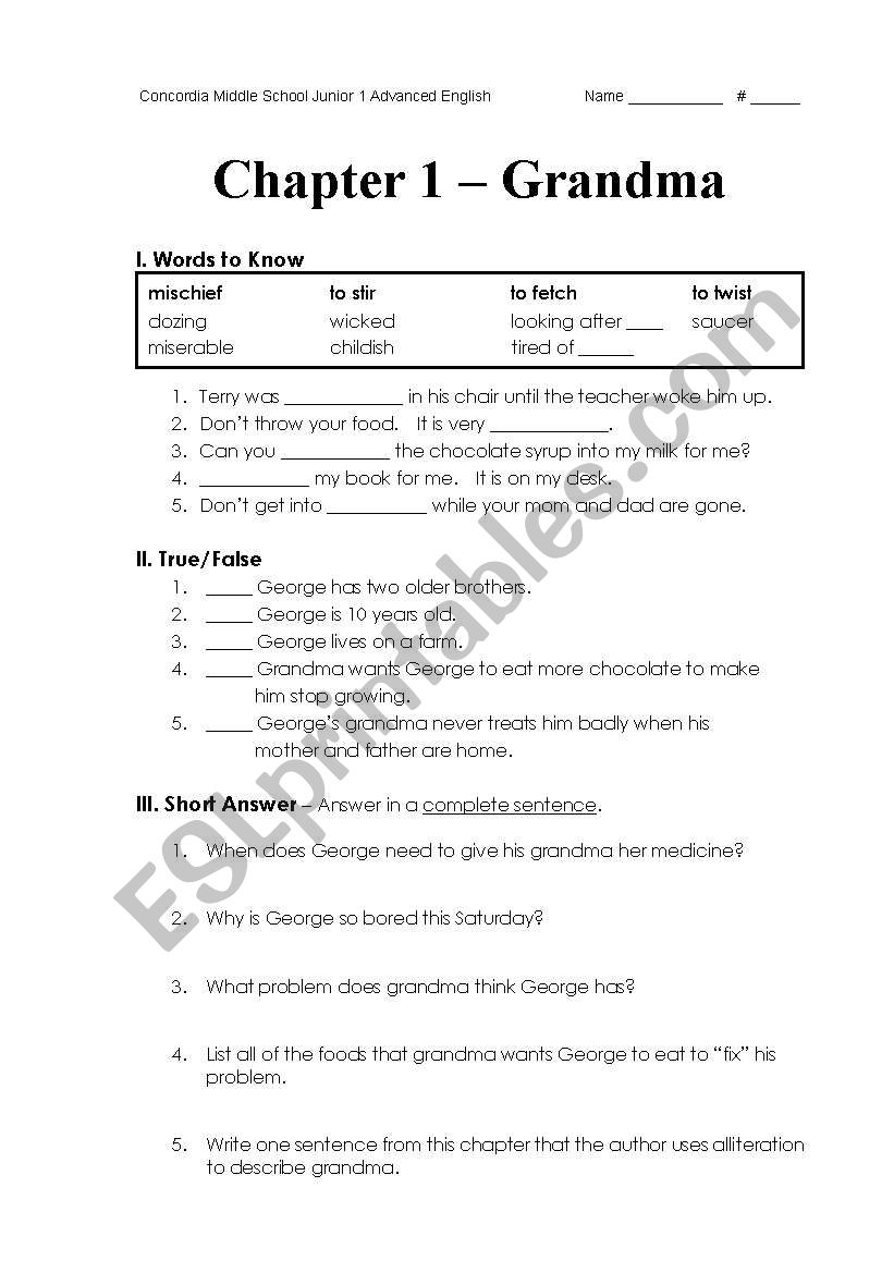 Chapter 1 - Grandma worksheet