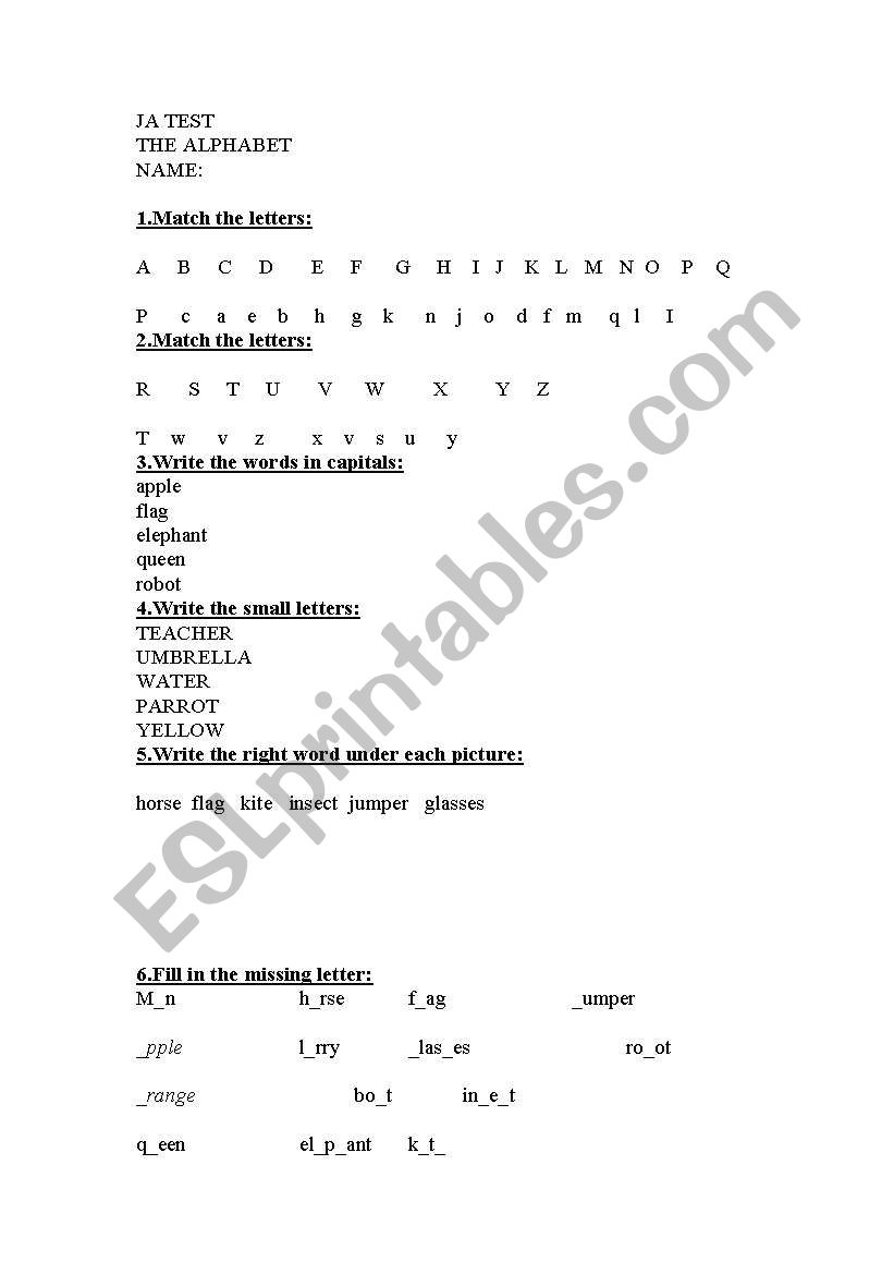 JUNIOR A TEST ALPHABET worksheet