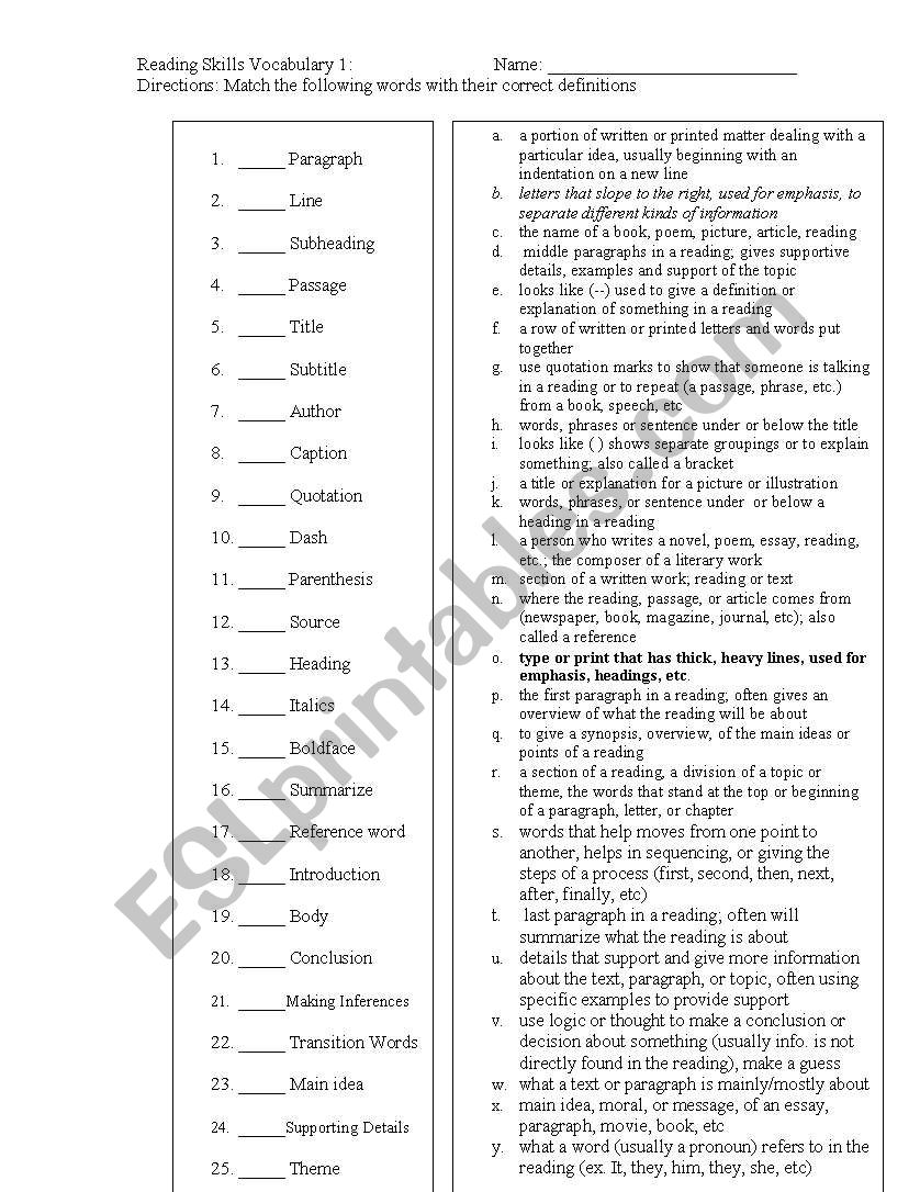 Reading Skills and Terms Matching Worksheet 1 