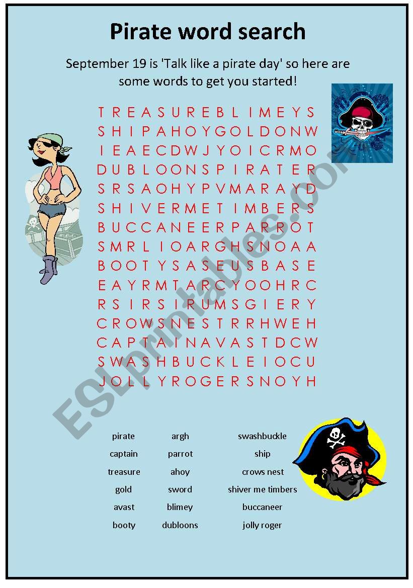Pirate word search worksheet
