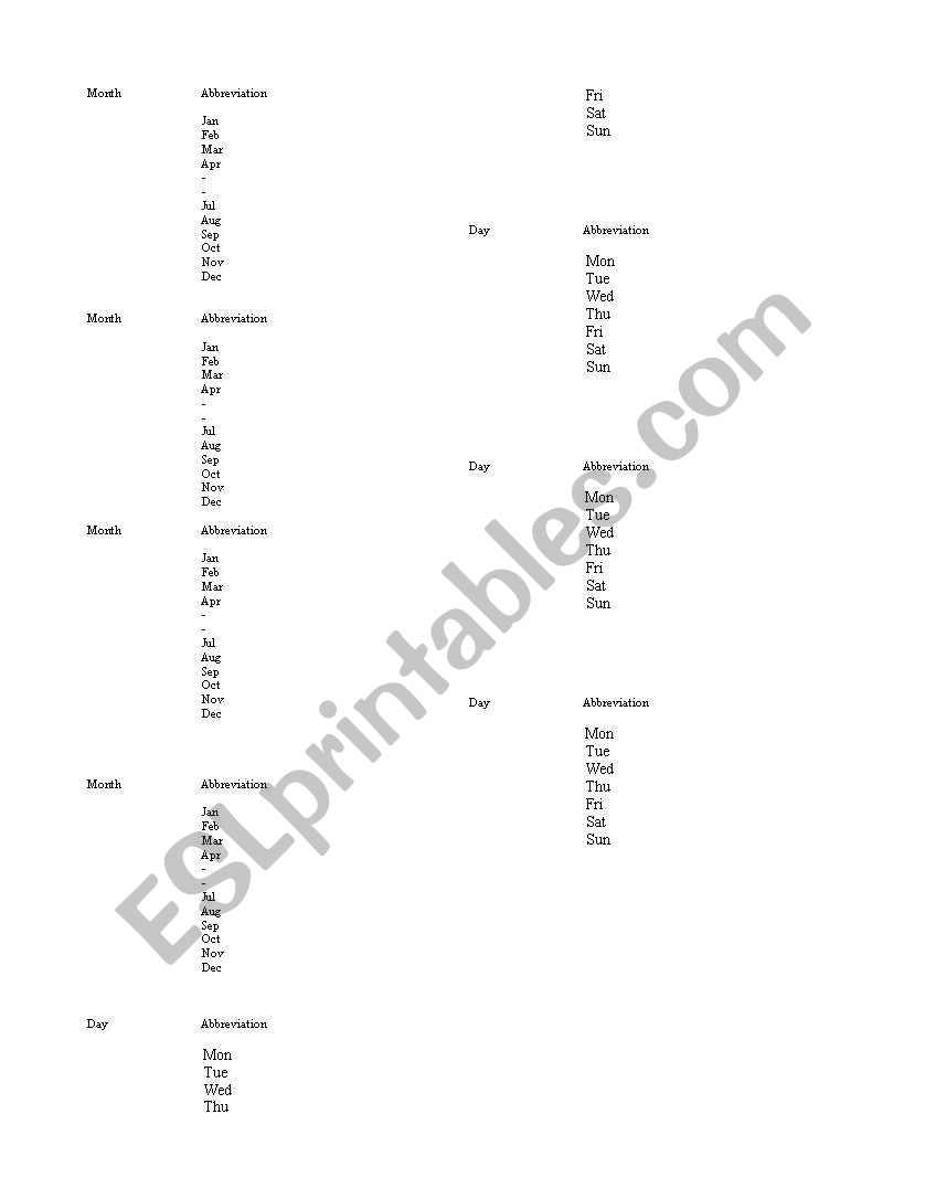 months and days of the week worksheet
