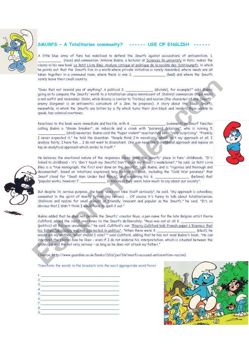Smurfs - Use of English worksheet