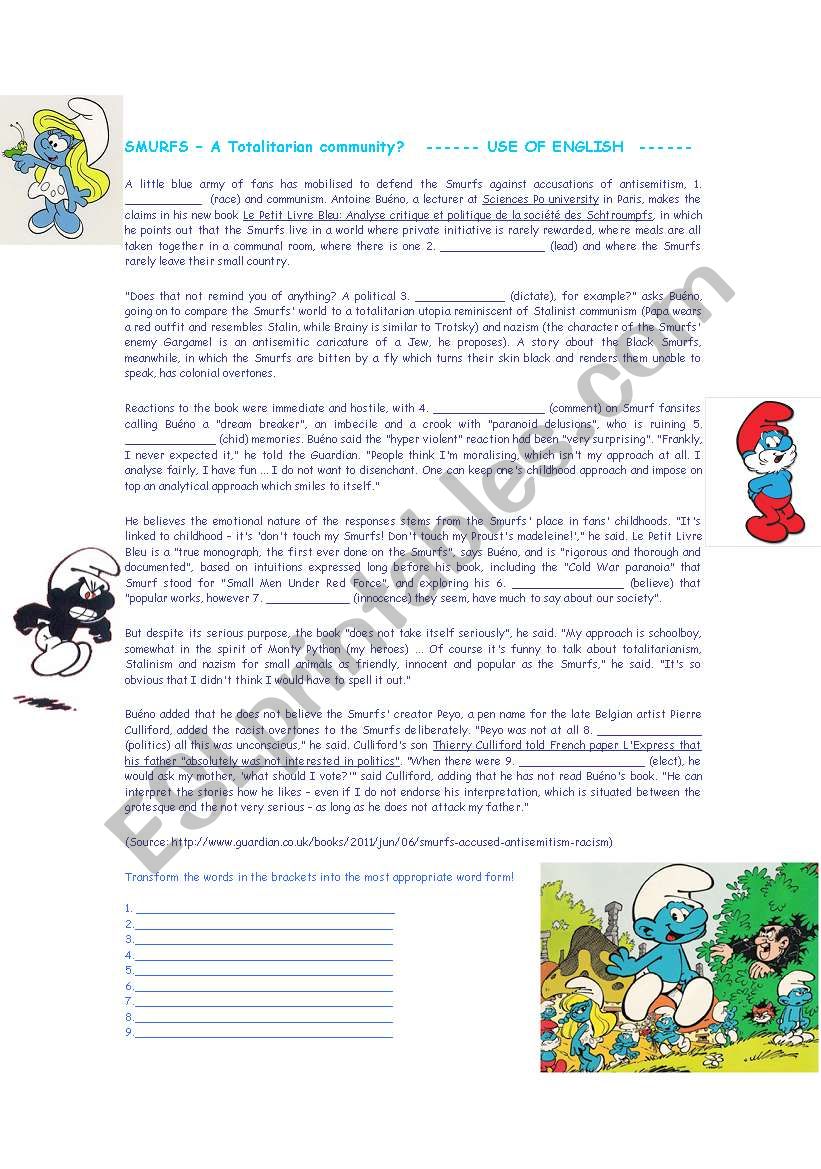 Smurfs - Use of English worksheet