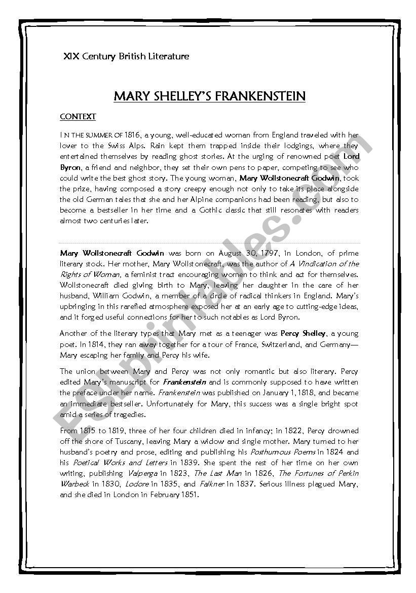 Frankenstein Reading and Questionaire (before watching Kenneth Branaghs film)