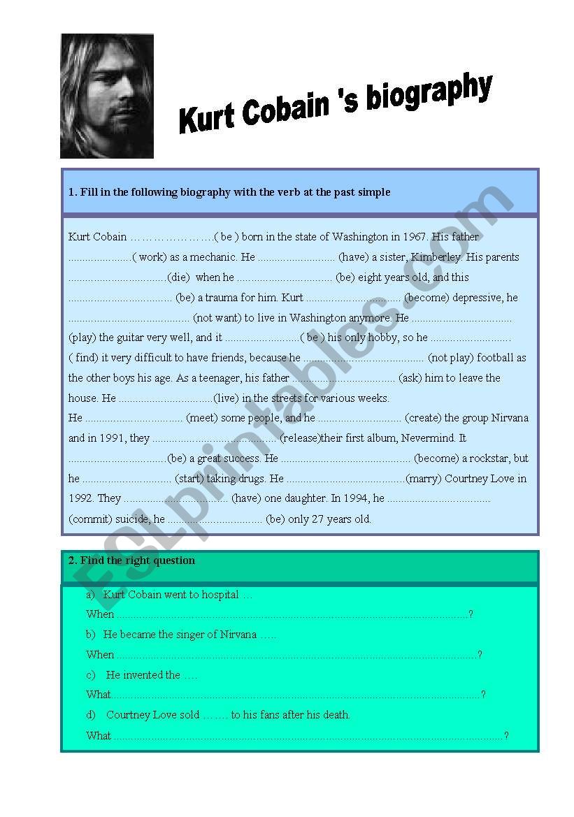 Kurt Cobains biography worksheet