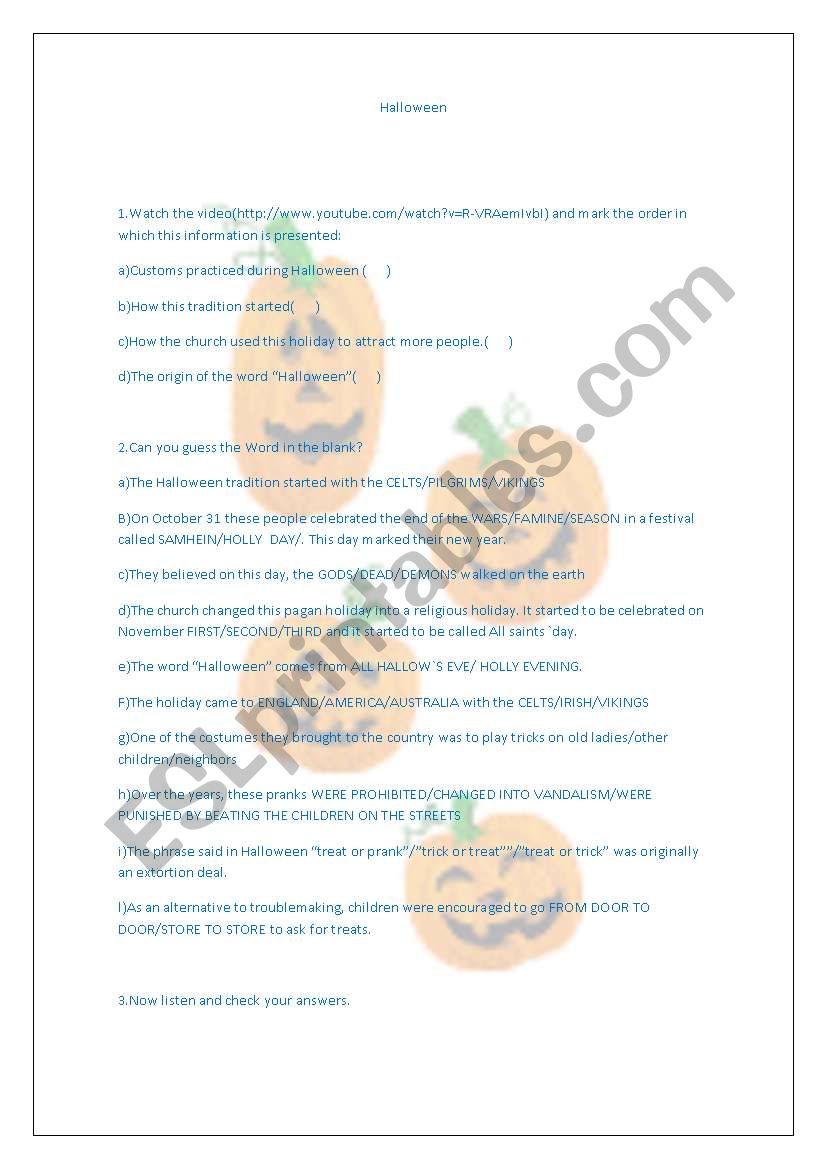 history of halloween worksheet