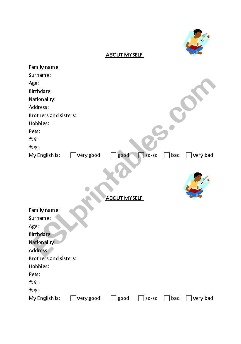 About Myself - Personal Identification Worksheet