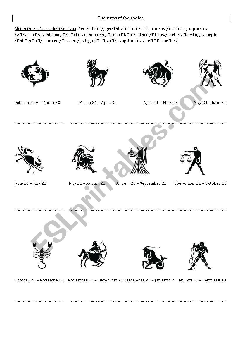 The signs of the zodiac worksheet