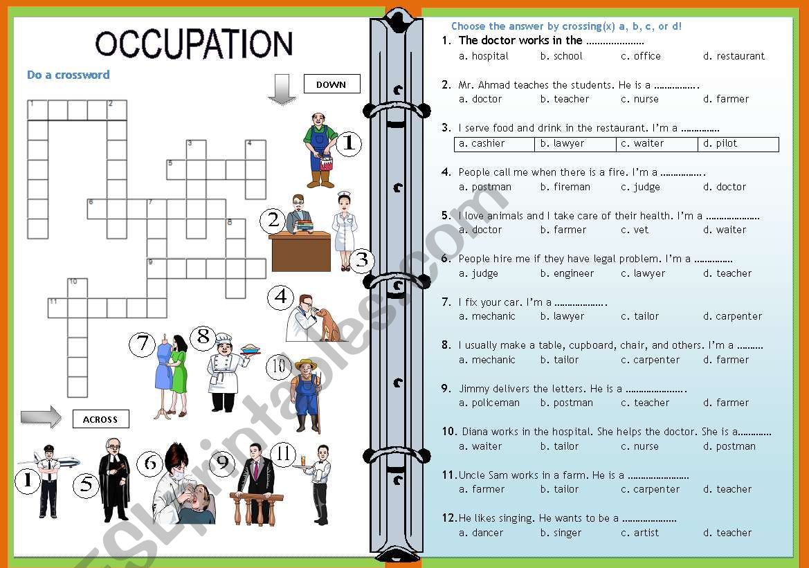 Occupation Crossword and Multiple Choice