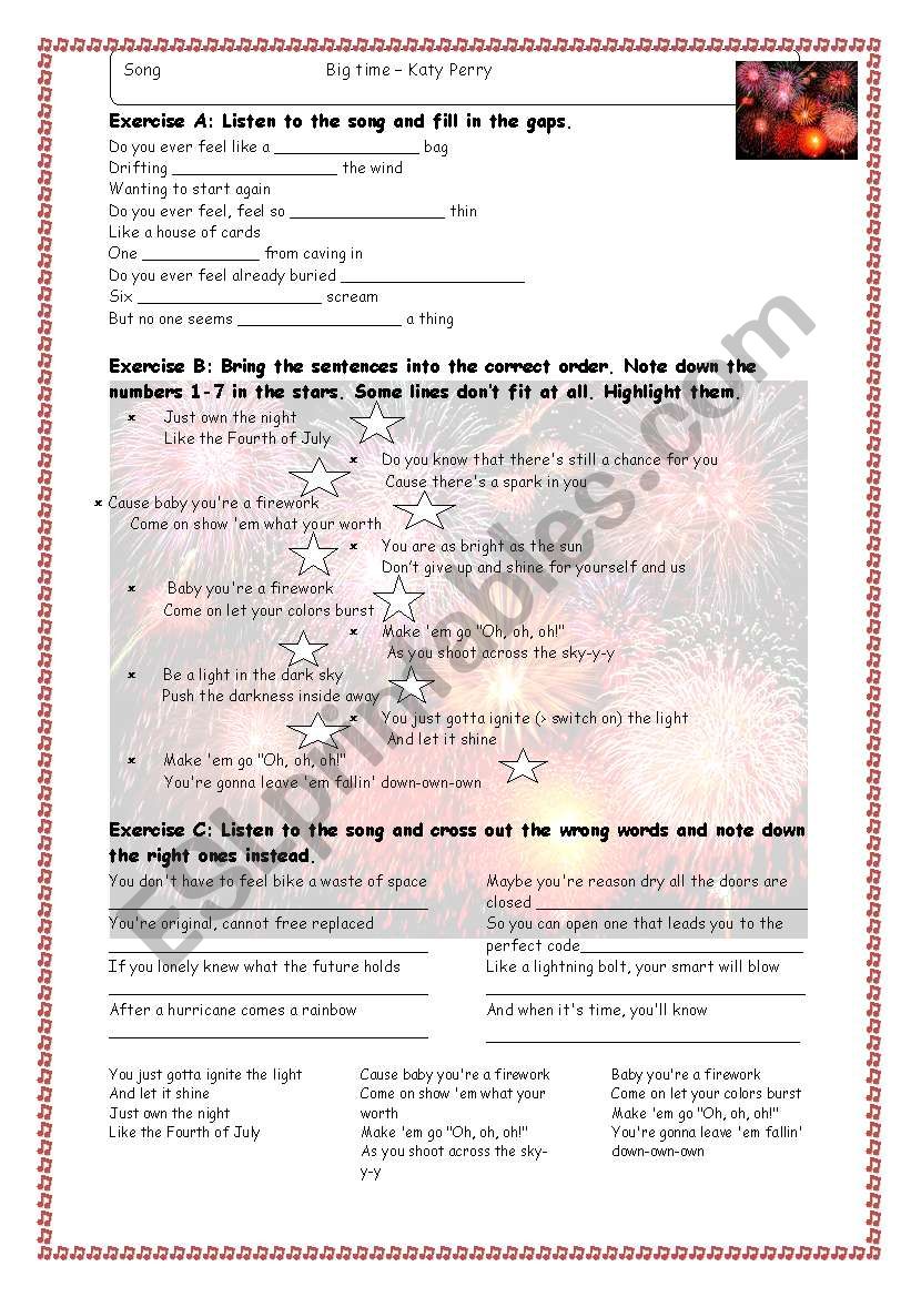 Fireworks by Katy Perry worksheet