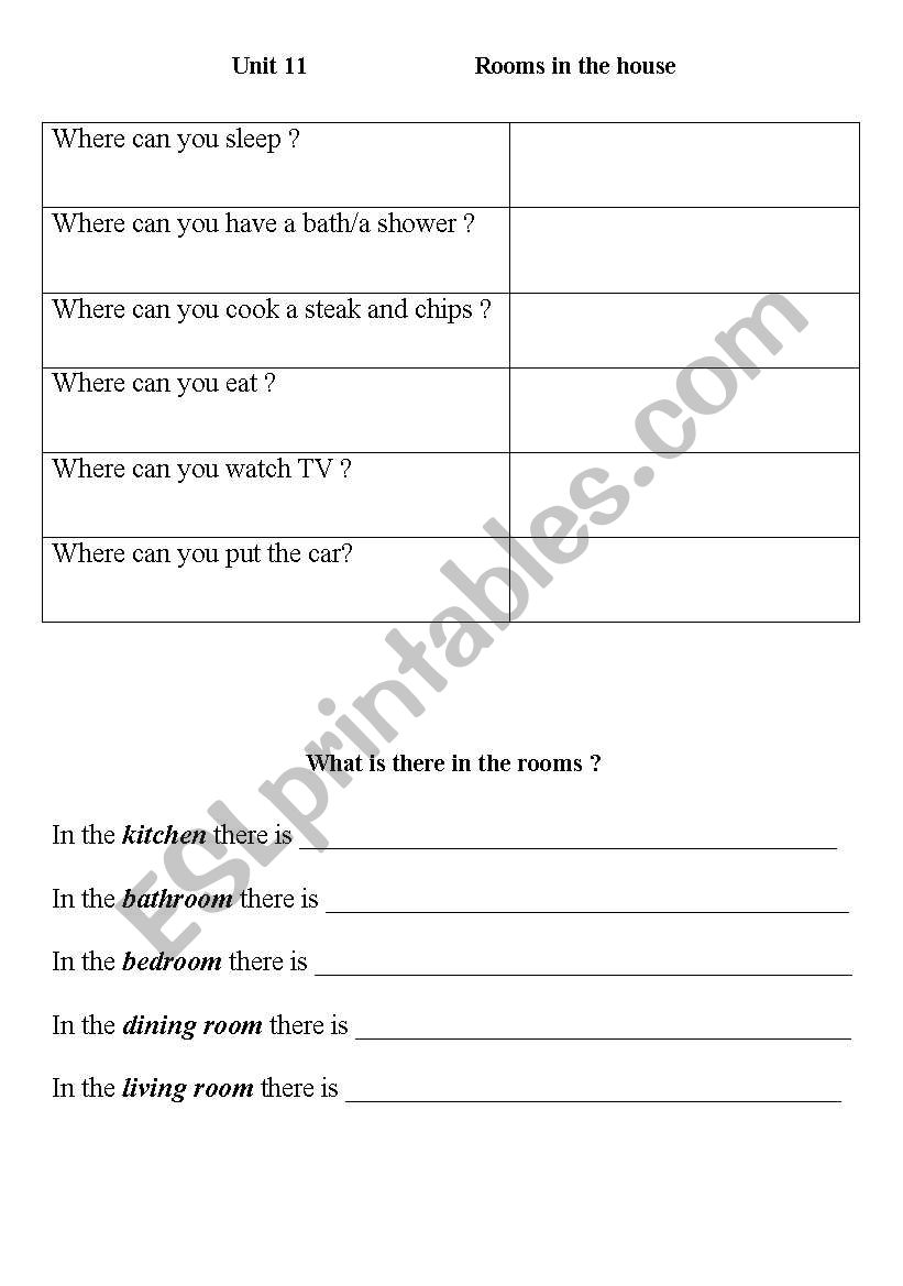 Rooms in a house worksheet