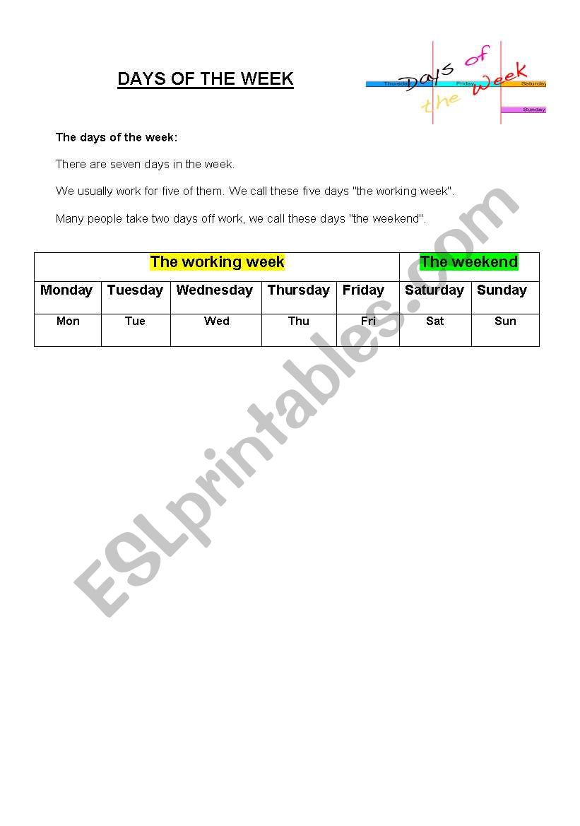 days of the week worksheet