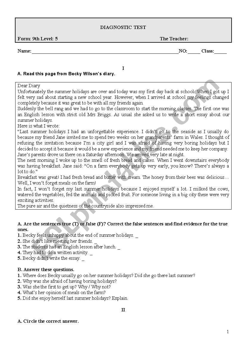 Diagnostic Test worksheet