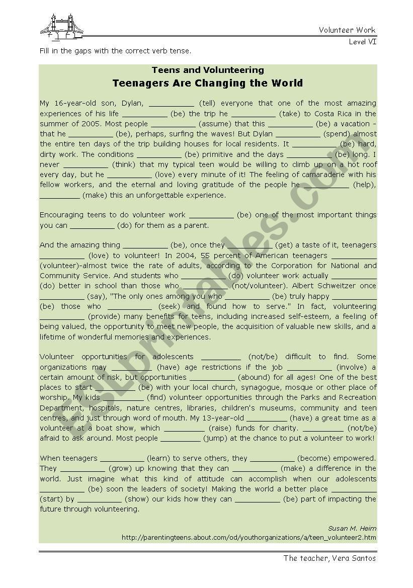 Volunteer Work - verb tenses - gap filling 1