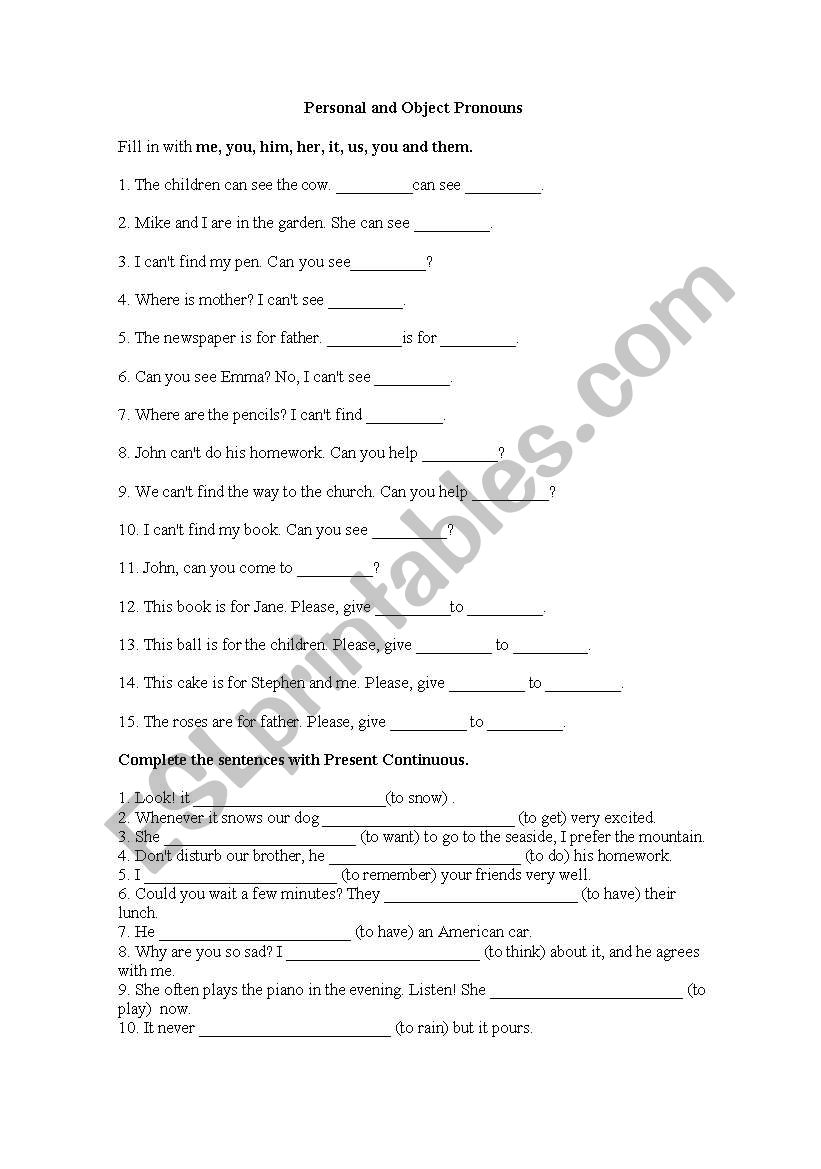 personal objects worksheet