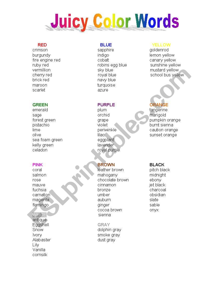 Juicy Color Words for Writing worksheet