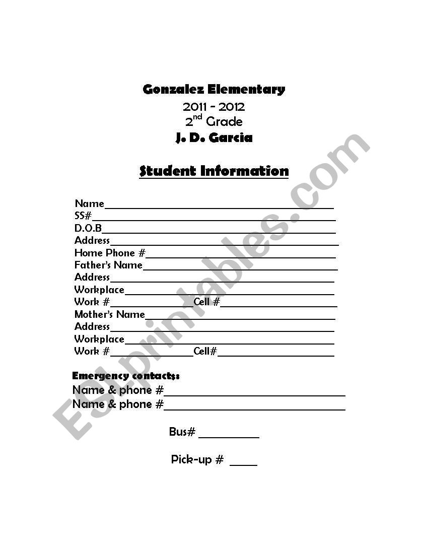 student iformation sheet worksheet