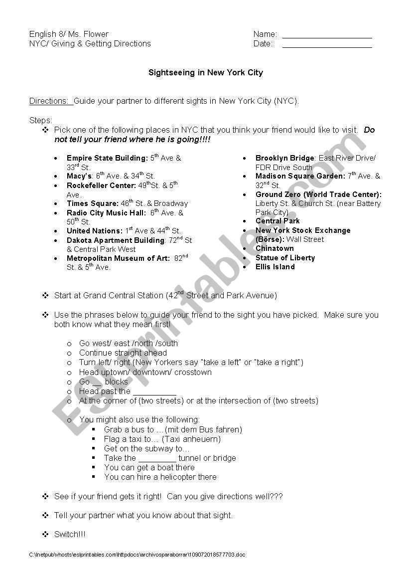 Sightseeing in NYC worksheet