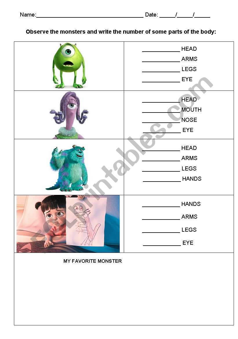 Monsters body worksheet