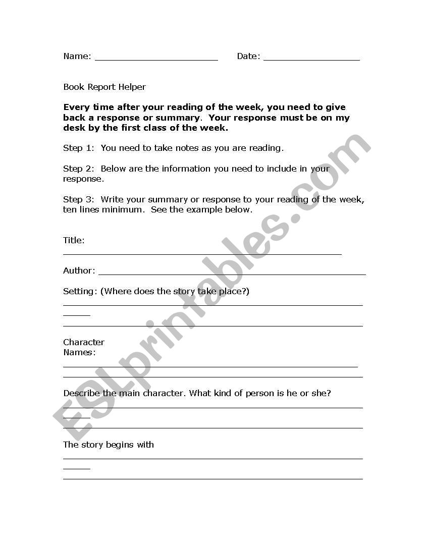 Book Report Helper worksheet