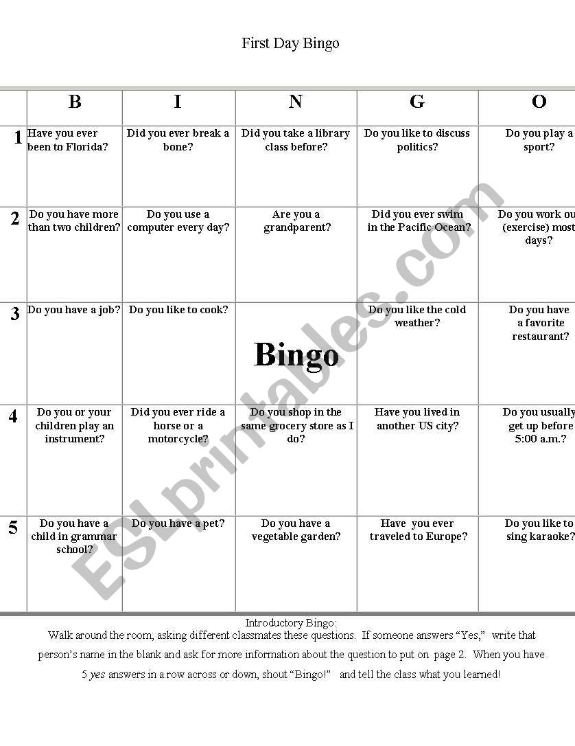 First Day Getting-to-Know-You Bingo