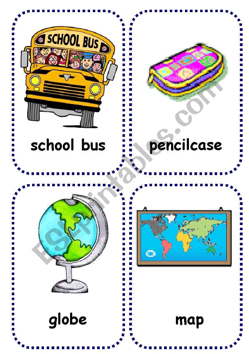 school objects flashcards 1/2 worksheet